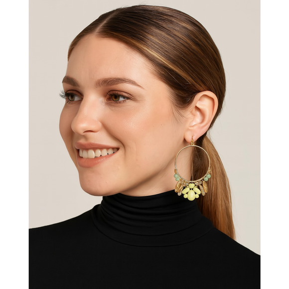 MIA Collection Hoop Earrings Gold Tone Green Beads Neon Yellow Dangle Statement - Picture 1 of 8